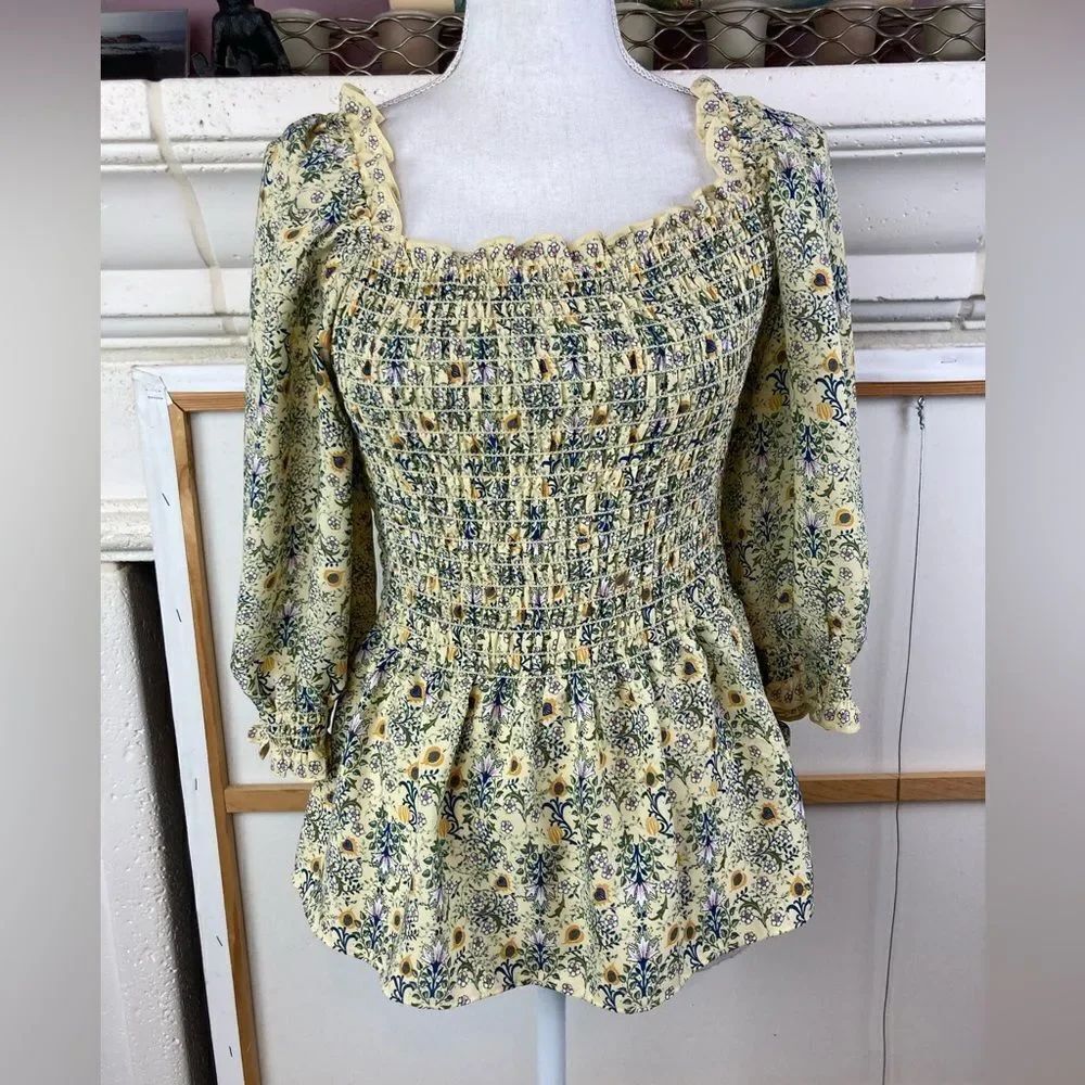 Max Studio butter yellow floral chiffon blouse w/ stretchy bodice long sleeves